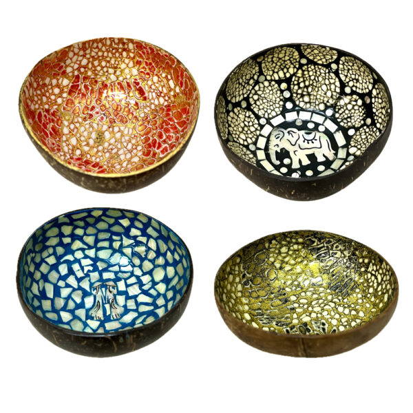 Handcrafted Artisan Natural Coconut Shell Serving Bowl: Lacquer/Seashell